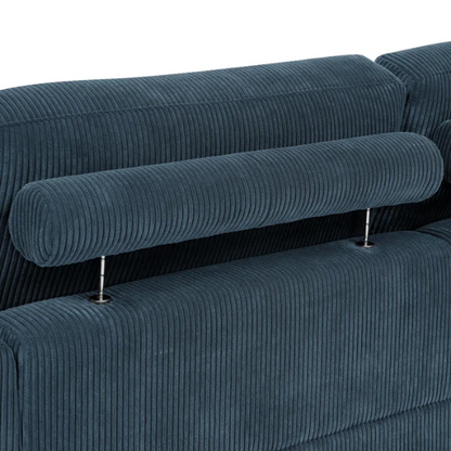 Deep blue corduroy convertible sleeper sofa with adjustable headrest, twin bed functionality, and mid-century wood legs