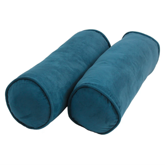 Set of 2 deep rich teal bolster throw pillows with soft microsuede covers, corded edges, and plush polyester fill, perfect for adding elegance and comfort to modern or transitional home décor.

