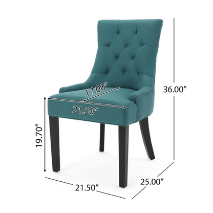 Set of four deep teal upholstered dining chairs with diamond tufted backs, armless design, sloped sides, and espresso brown wooden legs.

