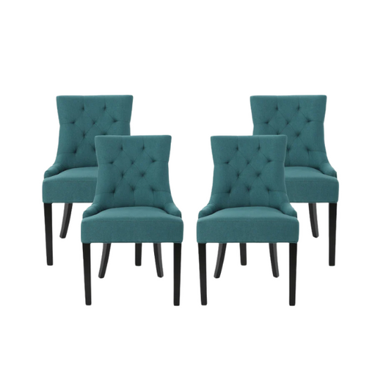 Set of four deep teal upholstered dining chairs with diamond tufted backs, armless design, sloped sides, and espresso brown wooden legs.

