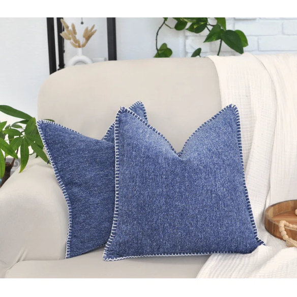 Set of 2 denim blue chenille throw pillow covers with hidden zippers and soft velvet-like texture – 20x20 inch reversible decorative cushion covers for sofas and beds