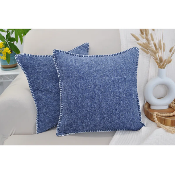 Set of 2 denim blue chenille throw pillow covers with hidden zippers and soft velvet-like texture – 20x20 inch reversible decorative cushion covers for sofas and beds