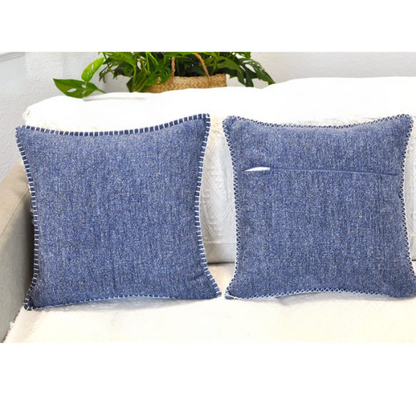 Set of 2 denim blue chenille throw pillow covers with hidden zippers and soft velvet-like texture – 20x20 inch reversible decorative cushion covers for sofas and beds
