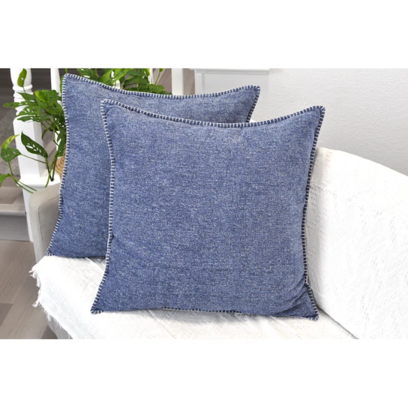 Set of 2 denim blue chenille throw pillow covers with hidden zippers and soft velvet-like texture – 20x20 inch reversible decorative cushion covers for sofas and beds