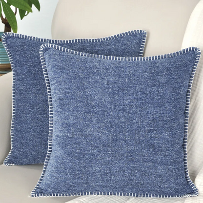 Set of 2 denim blue chenille throw pillow covers with hidden zippers and soft velvet-like texture – 20x20 inch reversible decorative cushion covers for sofas and beds