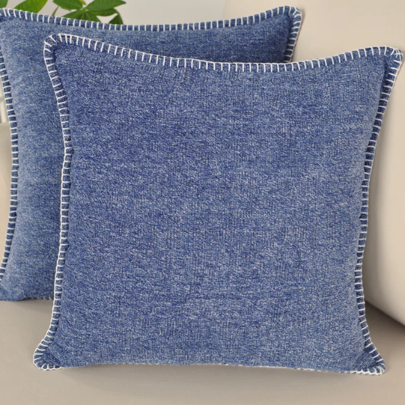 Set of 2 denim blue chenille throw pillow covers with hidden zippers and soft velvet-like texture – 20x20 inch reversible decorative cushion covers for sofas and beds