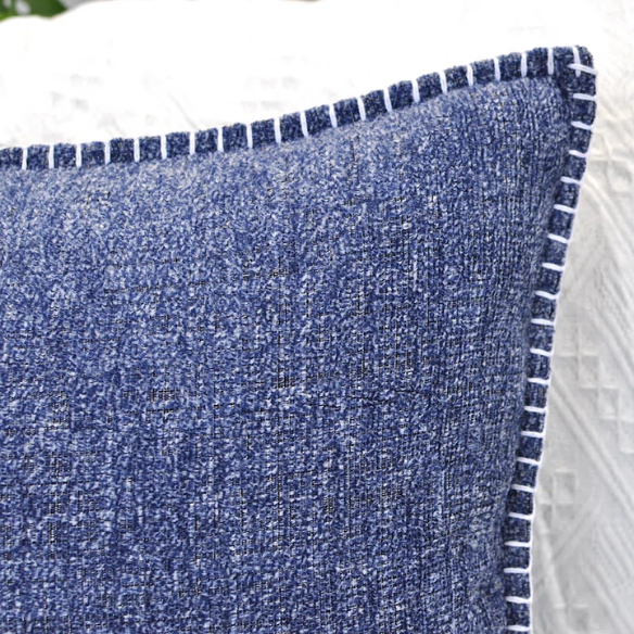 Set of 2 denim blue chenille throw pillow covers with hidden zippers and soft velvet-like texture – 20x20 inch reversible decorative cushion covers for sofas and beds