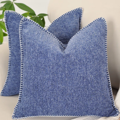 Set of 2 denim blue chenille throw pillow covers with hidden zippers and soft velvet-like texture – 20x20 inch reversible decorative cushion covers for sofas and beds