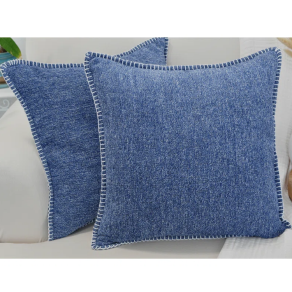 Set of 2 denim blue chenille throw pillow covers with hidden zippers and soft velvet-like texture – 20x20 inch reversible decorative cushion covers for sofas and beds