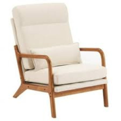 Beige high-back accent chair with plush, high-density cushions and breathable fabric for ultimate comfort. Features an extra pillow for back and neck support, perfect for long sitting sessions. Built with a durable solid wood frame, supporting up to 250 lbs. Footpads protect floors and reduce noise. Ergonomic design offers lumbar support and promotes relaxation. Versatile beige color fits various home styles, ideal for living rooms, bedrooms, and offices. Easy assembly and low maintenance.