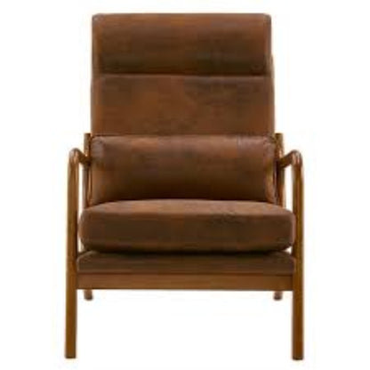 High-back brown accent chair with plush high-density cushions for comfort and support, covered in soft breathable fabric. Features an ergonomic design with lumbar support, solid wood frame for durability, and footpads to protect floors. Ideal for living rooms, bedrooms, or offices, offering a sleek and stylish look with easy assembly and low maintenance.