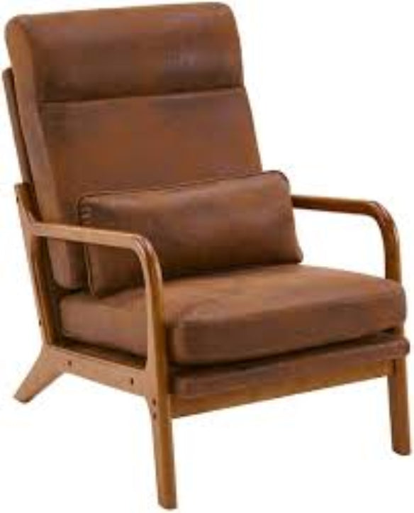 High-back brown accent chair with plush high-density cushions for comfort and support, covered in soft breathable fabric. Features an ergonomic design with lumbar support, solid wood frame for durability, and footpads to protect floors. Ideal for living rooms, bedrooms, or offices, offering a sleek and stylish look with easy assembly and low maintenance.