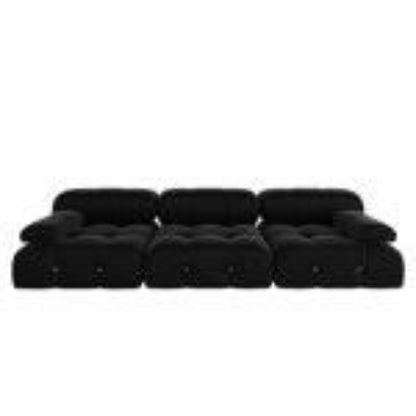 Modern black velvet sectional sofa with plush upholstery, button tufting, and durable wood frame. Versatile design with individual seat cushions for ultimate comfort, supporting up to 330 lbs per seat. Perfect for living rooms, offering easy assembly and a sleek, contemporary style.