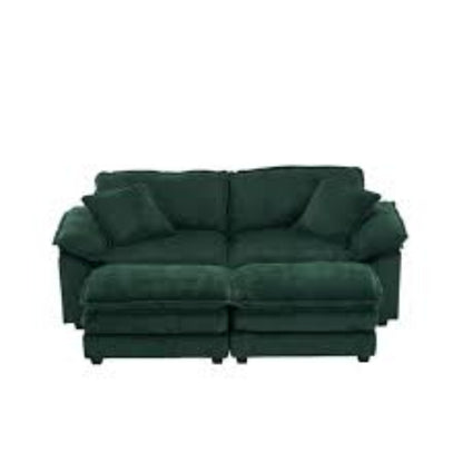 Modern emerald green ribbed velvet corduroy sofa with foam cushioning and pocket spring system, featuring a sturdy wood frame, plush back pillows, and sleek black plastic legs for superior comfort and stylish design.
