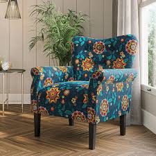 Modern Floral Accent Chair for Living Room – High Back Upholstered Wingback Armchair with Wooden Legs, Padded for Ultimate Comfort
