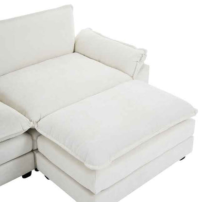 Modern 4-piece L-shaped sectional sofa in premium beige corduroy fabric. Features high-elastic sponge cushions, sturdy metal and wood frame, and a movable ottoman for flexible configurations. Easy assembly and versatile design perfect for living rooms, bedrooms, or offices.