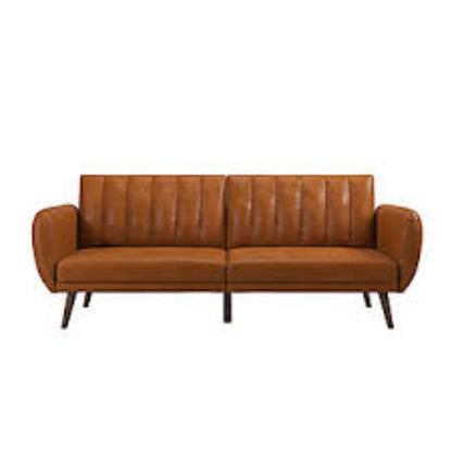 Stylish faux leather futon with ribbed tufted back, oak-colored wooden legs, and multi-position split-back for sitting, lounging, and sleeping. Ideal for small spaces, offering comfort and versatility with a sturdy frame, easy conversion, and extra support for guests.