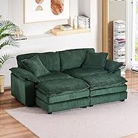 Modern emerald green ribbed velvet corduroy sofa with foam cushioning and pocket spring system, featuring a sturdy wood frame, plush back pillows, and sleek black plastic legs for superior comfort and stylish design.