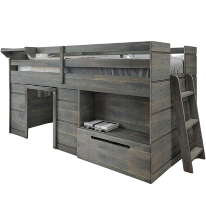 Driftwood grey twin low loft bed with built-in storage drawer, shelf, and angled ladder – modern farmhouse style for kids' bedrooms