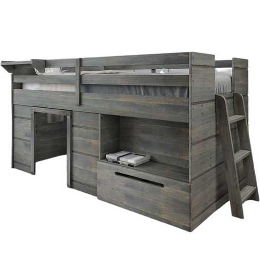 Driftwood grey twin low loft bed with built-in storage drawer, shelf, and angled ladder – modern farmhouse style for kids' bedrooms