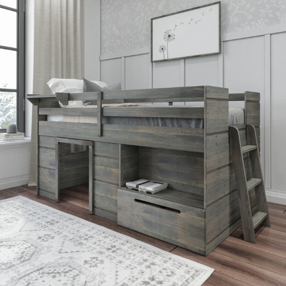 Driftwood grey twin low loft bed with built-in storage drawer, shelf, and angled ladder – modern farmhouse style for kids' bedrooms