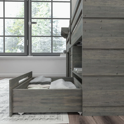 Driftwood grey twin low loft bed with built-in storage drawer, shelf, and angled ladder – modern farmhouse style for kids' bedrooms