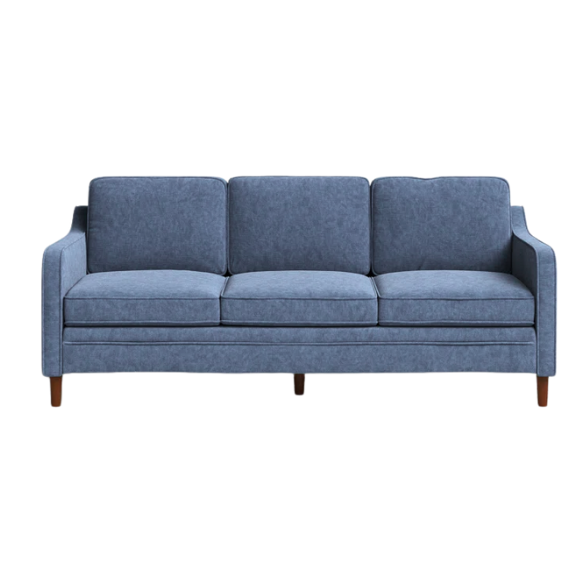 Dusty blue chenille upholstered sofa featuring curved track arms, tapered wooden legs, and foam-filled cushions in a mid-century modern design.