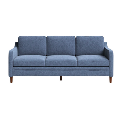 Dusty blue chenille upholstered sofa featuring curved track arms, tapered wooden legs, and foam-filled cushions in a mid-century modern design.