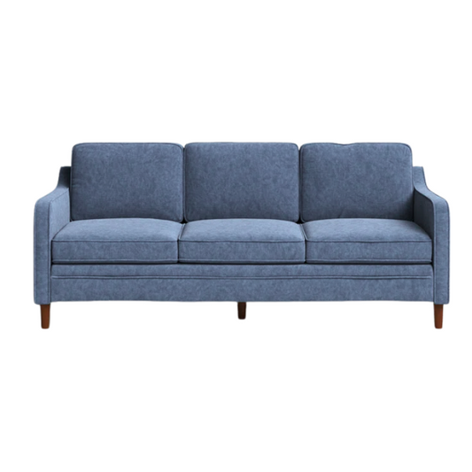 Dusty blue chenille upholstered sofa featuring curved track arms, tapered wooden legs, and foam-filled cushions in a mid-century modern design.