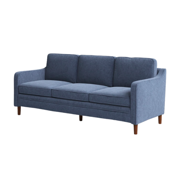 Dusty blue chenille upholstered sofa featuring curved track arms, tapered wooden legs, and foam-filled cushions in a mid-century modern design.