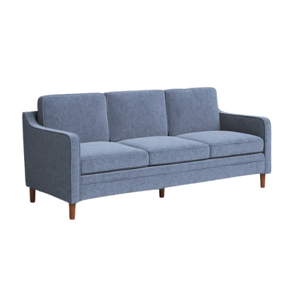 Dusty blue chenille upholstered sofa featuring curved track arms, tapered wooden legs, and foam-filled cushions in a mid-century modern design.