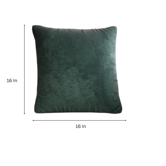 Emerald green crushed velvet throw pillow, 16x16 square design with soft texture and reversible fabric, styled on a modern sofa for vibrant, luxurious home decor.

