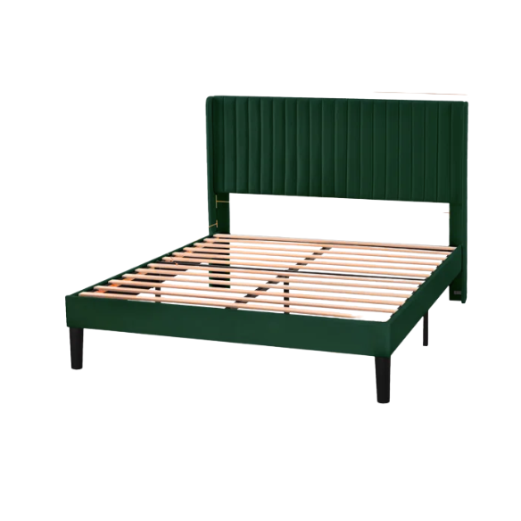 Emerald green full-size velvet platform bed with tufted wingback headboard and solid wood frame