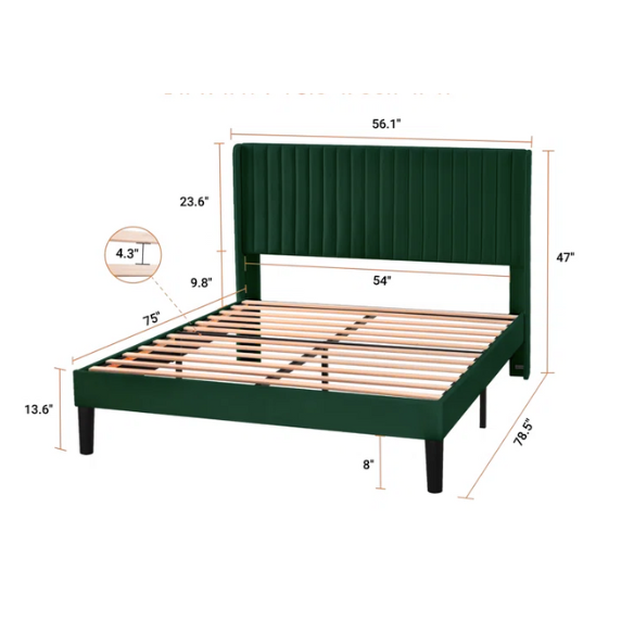 Emerald green full-size velvet platform bed with tufted wingback headboard and solid wood frame