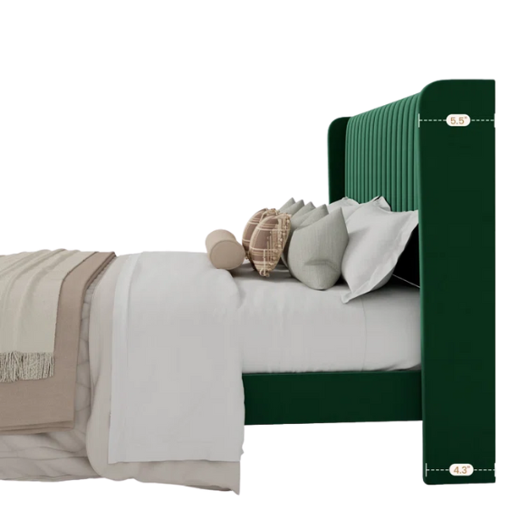 Emerald green full-size velvet platform bed with tufted wingback headboard and solid wood frame