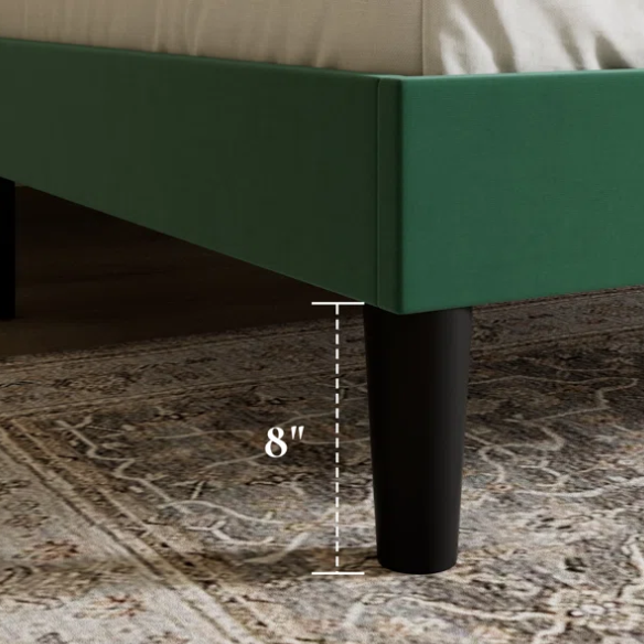 Emerald green full-size velvet platform bed with tufted wingback headboard and solid wood frame