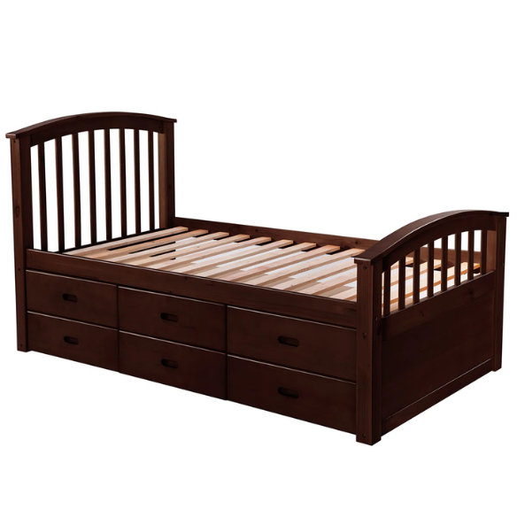 Espresso twin bed frame made of solid pine wood with underbed storage drawers, featuring a dark wood finish, non-toxic materials, and slatted base for children or teens.

