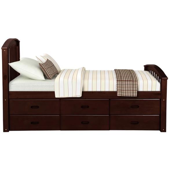 Espresso twin bed frame made of solid pine wood with underbed storage drawers, featuring a dark wood finish, non-toxic materials, and slatted base for children or teens.

