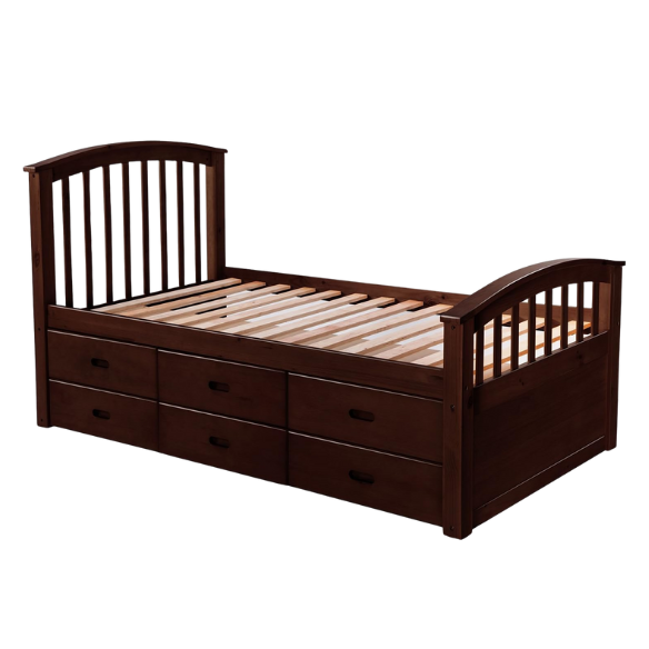 Espresso twin bed frame made of solid pine wood with underbed storage drawers, featuring a dark wood finish, non-toxic materials, and slatted base for children or teens.

