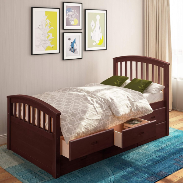 Espresso twin bed frame made of solid pine wood with underbed storage drawers, featuring a dark wood finish, non-toxic materials, and slatted base for children or teens.

