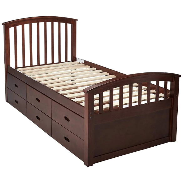 Espresso twin bed frame made of solid pine wood with underbed storage drawers, featuring a dark wood finish, non-toxic materials, and slatted base for children or teens.

