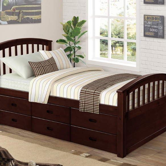 Espresso twin bed frame made of solid pine wood with underbed storage drawers, featuring a dark wood finish, non-toxic materials, and slatted base for children or teens.

