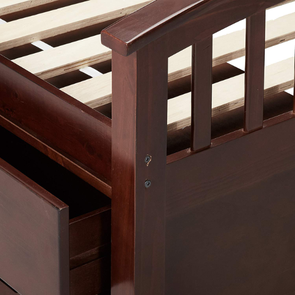 Espresso twin bed frame made of solid pine wood with underbed storage drawers, featuring a dark wood finish, non-toxic materials, and slatted base for children or teens.


