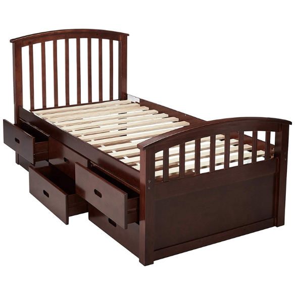 Espresso twin bed frame made of solid pine wood with underbed storage drawers, featuring a dark wood finish, non-toxic materials, and slatted base for children or teens.

