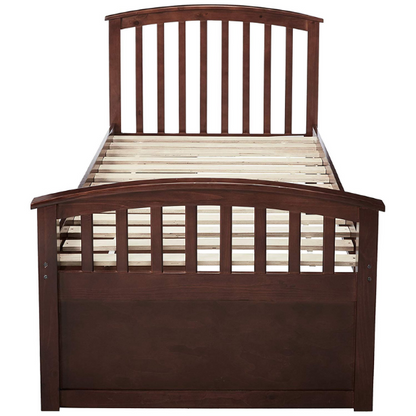 Espresso twin bed frame made of solid pine wood with underbed storage drawers, featuring a dark wood finish, non-toxic materials, and slatted base for children or teens.

