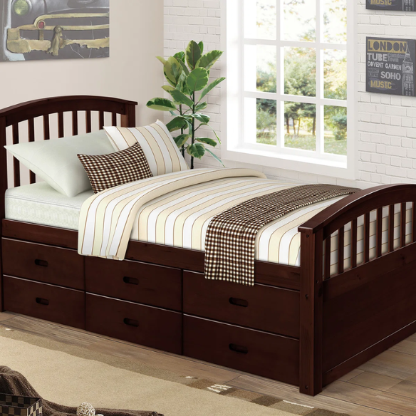 Espresso twin bed frame made of solid pine wood with underbed storage drawers, featuring a dark wood finish, non-toxic materials, and slatted base for children or teens.

