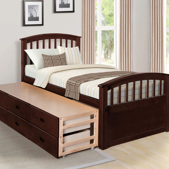 Espresso twin bed frame made of solid pine wood with underbed storage drawers, featuring a dark wood finish, non-toxic materials, and slatted base for children or teens.

