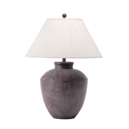 Farmhouse-style 30-inch table lamp with gray resin urn-shaped base and beige empire fabric shade, ideal for living room or bedroom accent lighting

