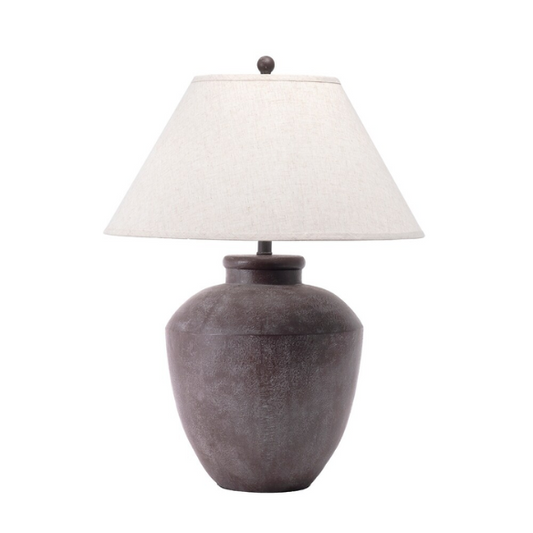 Farmhouse-style 30-inch table lamp with gray resin urn-shaped base and beige empire fabric shade, ideal for living room or bedroom accent lighting

