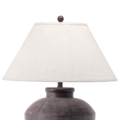 Farmhouse-style 30-inch table lamp with gray resin urn-shaped base and beige empire fabric shade, ideal for living room or bedroom accent lighting

